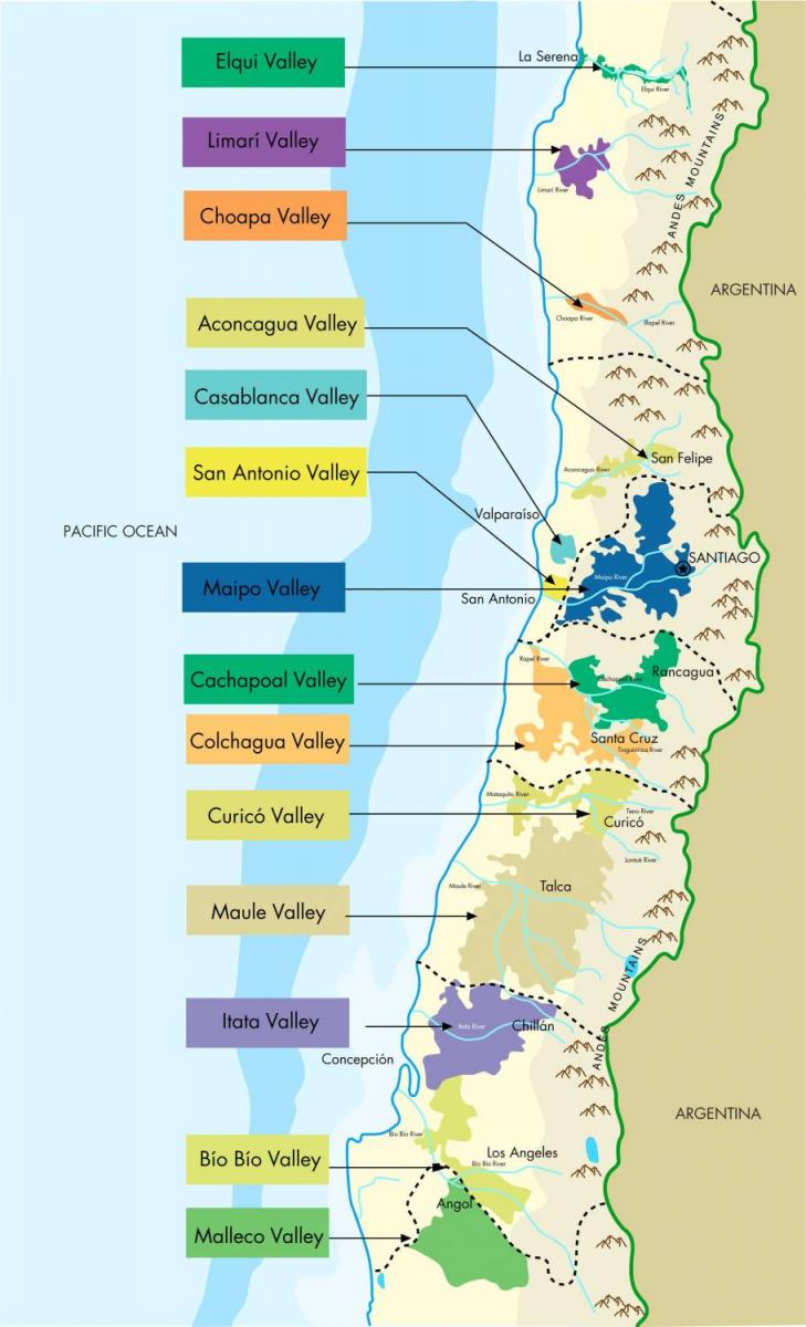 Карта винодельческих регионов Чили 