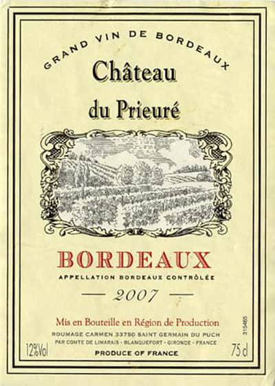 Этикетка французского вина АОС Chateau du Prieure
