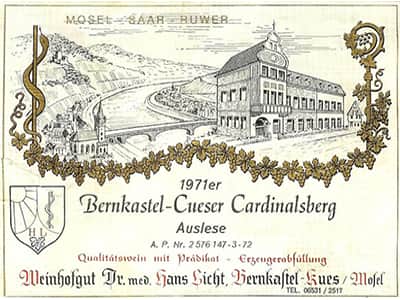 Этикетка немецкого вина Berncastel-Cueser Cardinalsberg